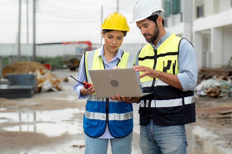 two construction workers look at a laptop